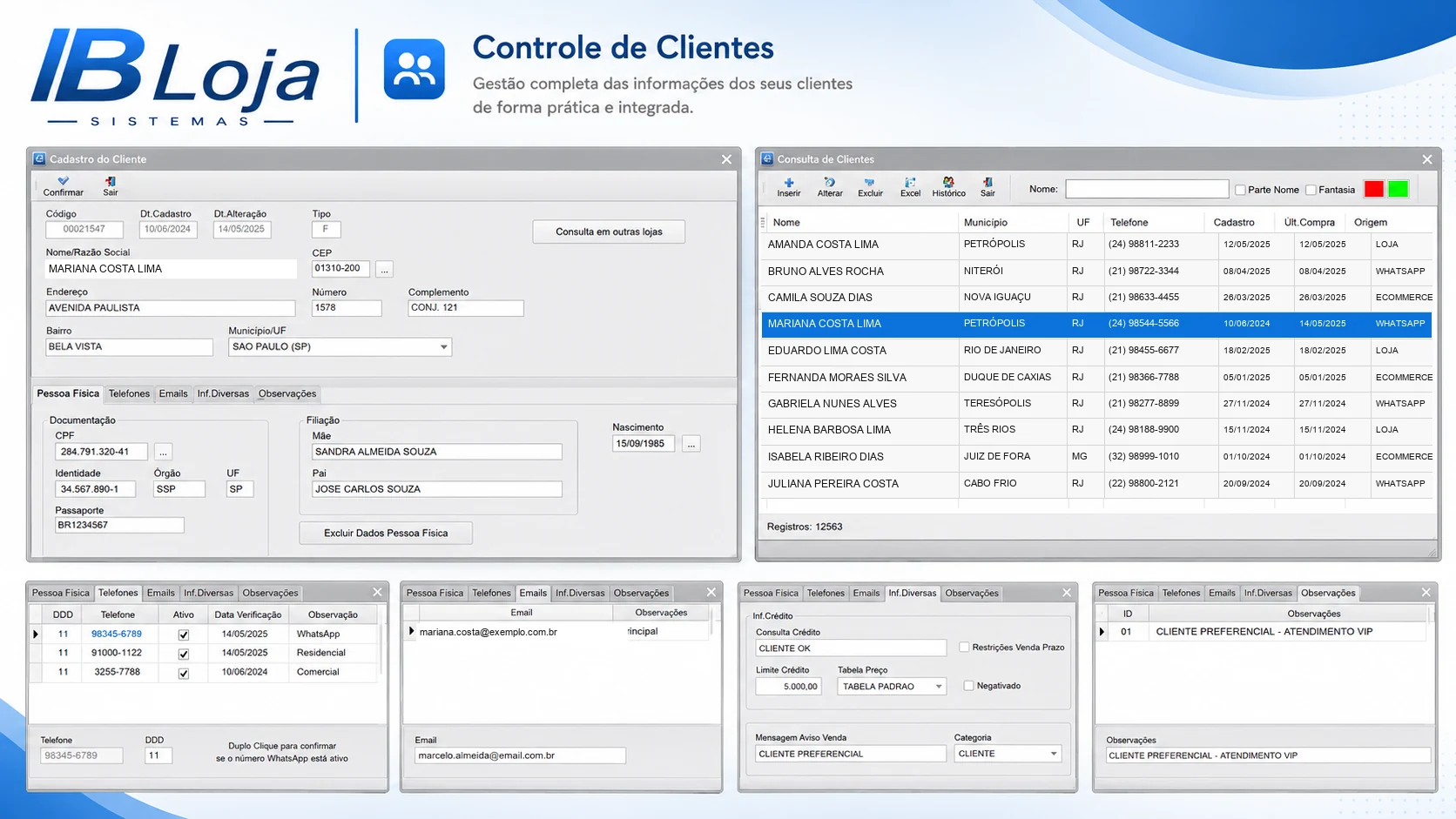 Cadastro e consulta de clientes no ERP desktop IBLoja, com contatos, categoria, tabela de preço, crédito, última compra e origem.