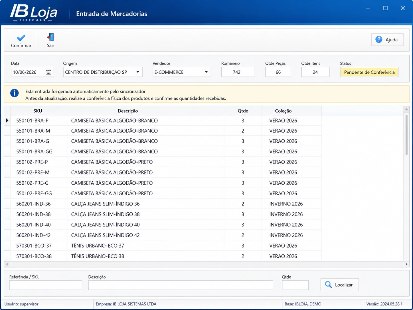 Entrada armazenada no IBLoja para conferência de SKUs e quantidades antes da atualização do estoque.