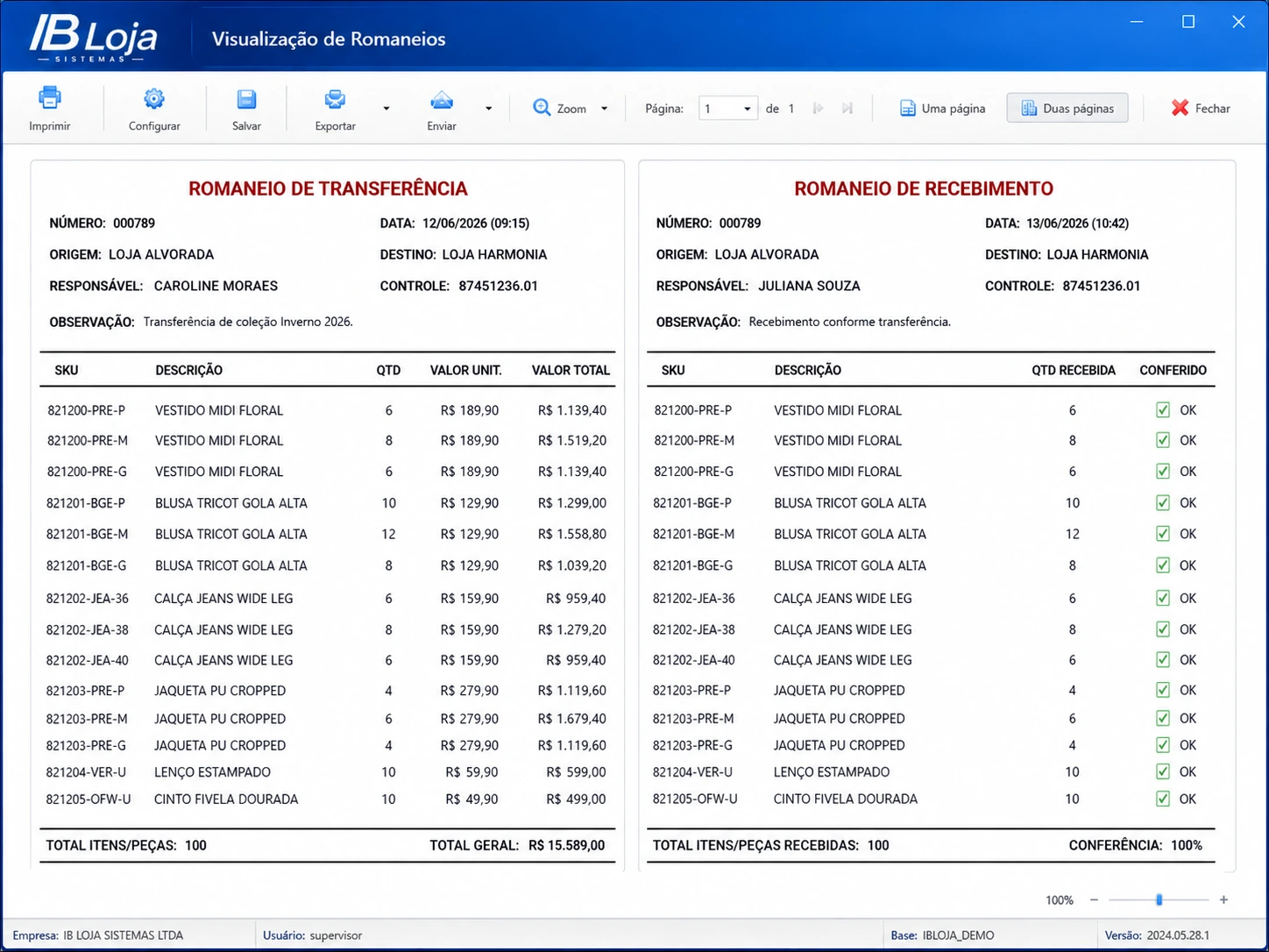 Romaneios demonstrativos de transferência e recebimento com origem, destino, SKUs e quantidades.